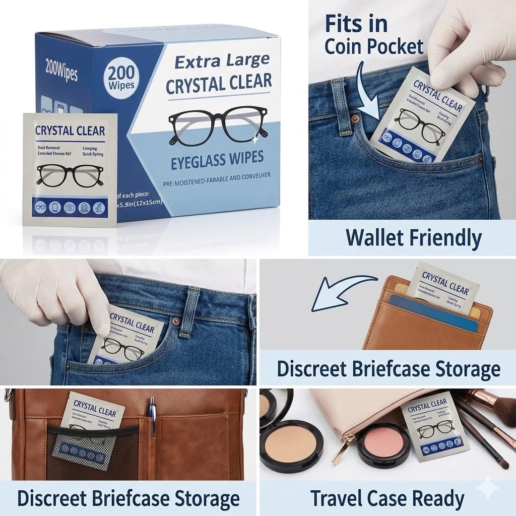 Eyeglass Wipes – 200 Count Bulk Pack – Large Size (4.72" x 5.9") – Fresh Ocean Scent – Pre-Moistened Lens Cleaning Wipes for Glasses, Sunglasses, Cameras & Screens – Streak-Free