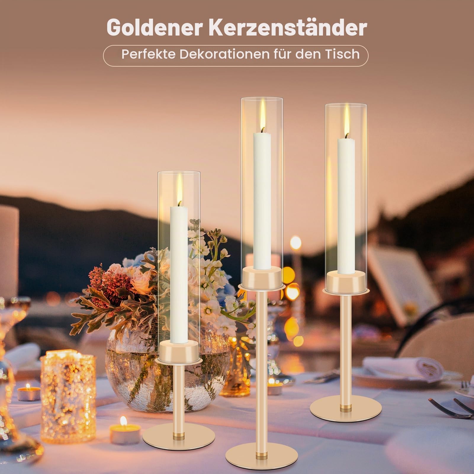 Gugxiom 6Pcs Gold Kerzenhalter, Glas Hurricane Kerzenhalter Gold, Kerzenhalter für Stumpenkerzen, für Haus Dekoration, Hochzeit, Essen, Party Dekorativ