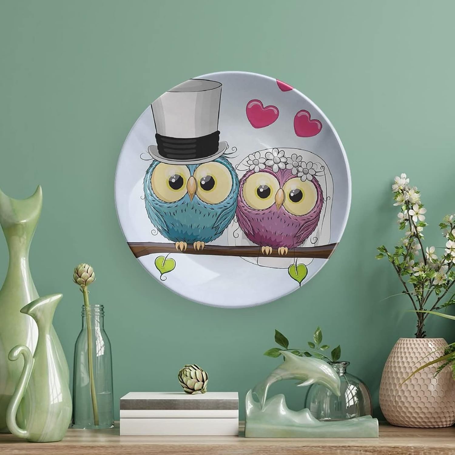 6 Inch Decorative Plate, Wedding Round Porcelain, Cartoon Style Cute Funny Owls Husband Wife Bride and Groom Print Ceramic Wall Hanging for Home Office Party Dinner Table Decor, Purple Blue Pink