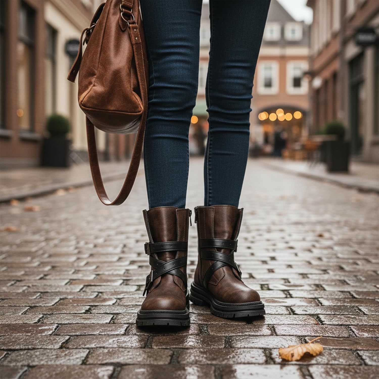 Women'S Buckle Chunky Platform Ankle Boots Retro Round Toe Lug Sole Non-Slip Slip-On Cycling Boots For Parties, Casual Wear, Outdoor Activities.