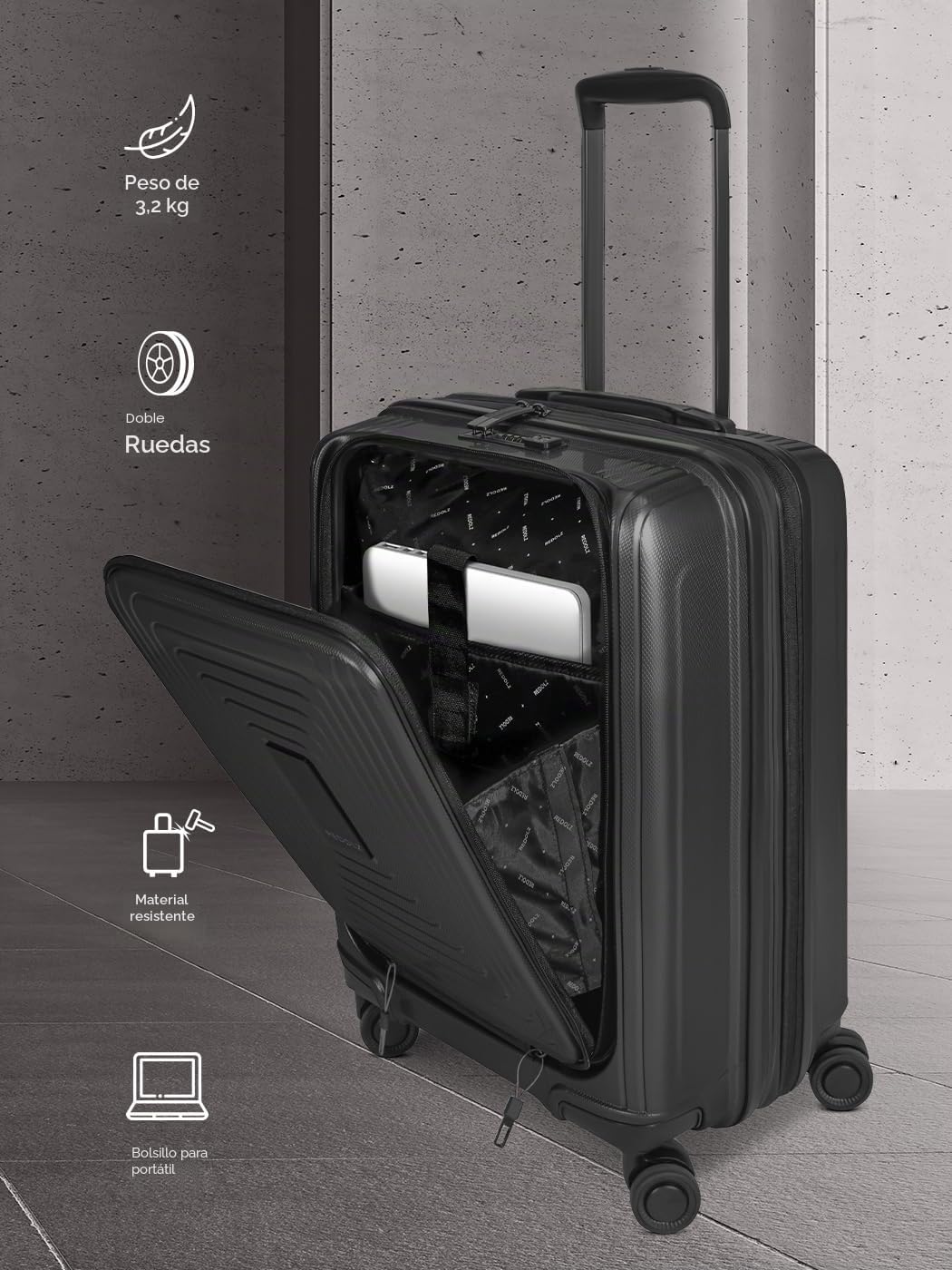 REDOLZ Essentials 14 Equipaje de Mano con Compartimento para Ordenador Portátil | Maleta Ultra ligera 40 x 23 x 55 cm & Apertura Frontal | Extensible de 45 a 55 litros | Solo 3,2 kg