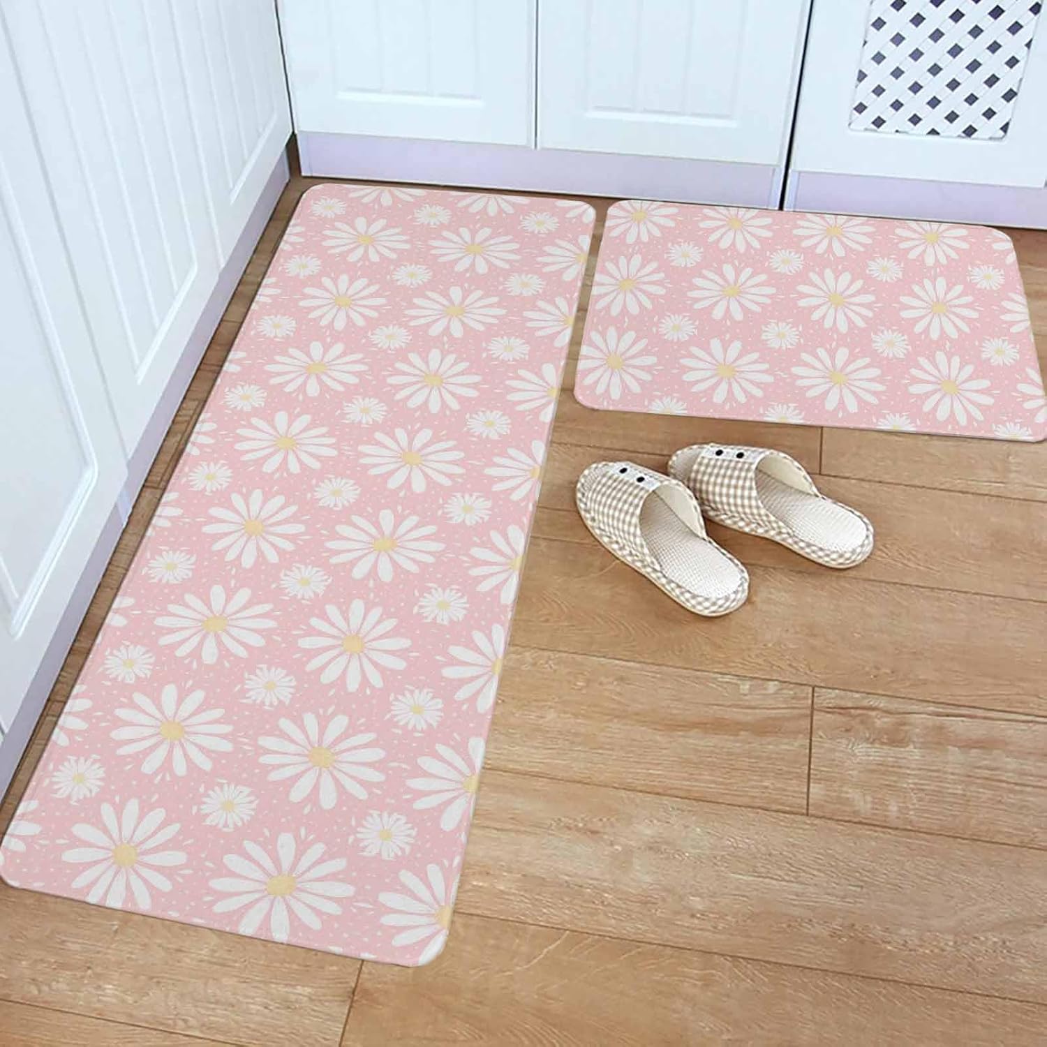 Pink Daisy Kitchen Rugs and Mats Set of 2, Non-Slip Kitchen Sink Mat, Spring Floral Elegant Pastoral Botanical Washable Doormat Bathroom Rugs Runner for Bedroom/Living Room 19.7"x23.6"+19.7"x47.2"