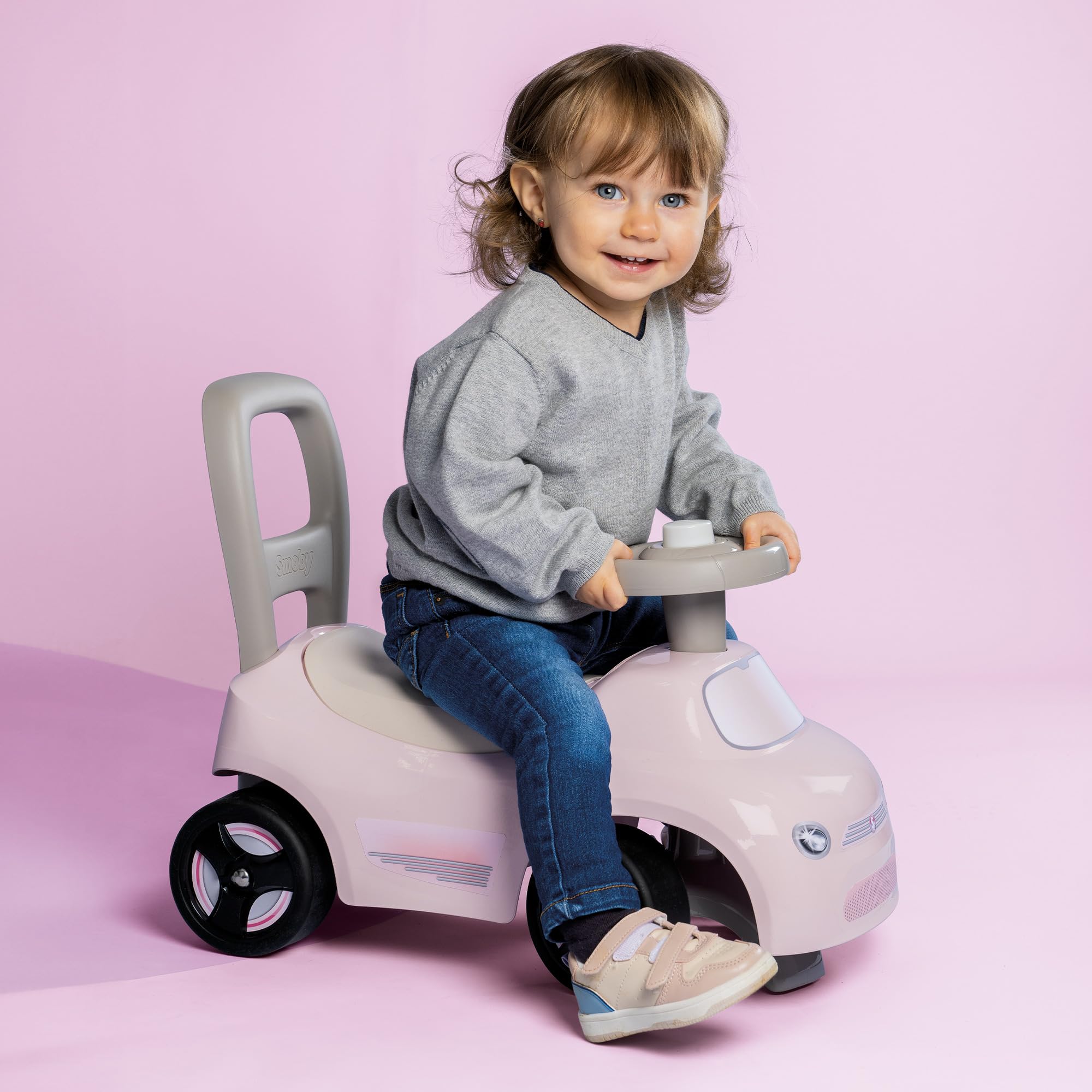 Smoby - Auto cavalcabile rosa - Funzione girello - Volante - Ergonomico e maneggevole - Contenitore per giocattoli - Dai 10 mesi - Prodotto in Francia