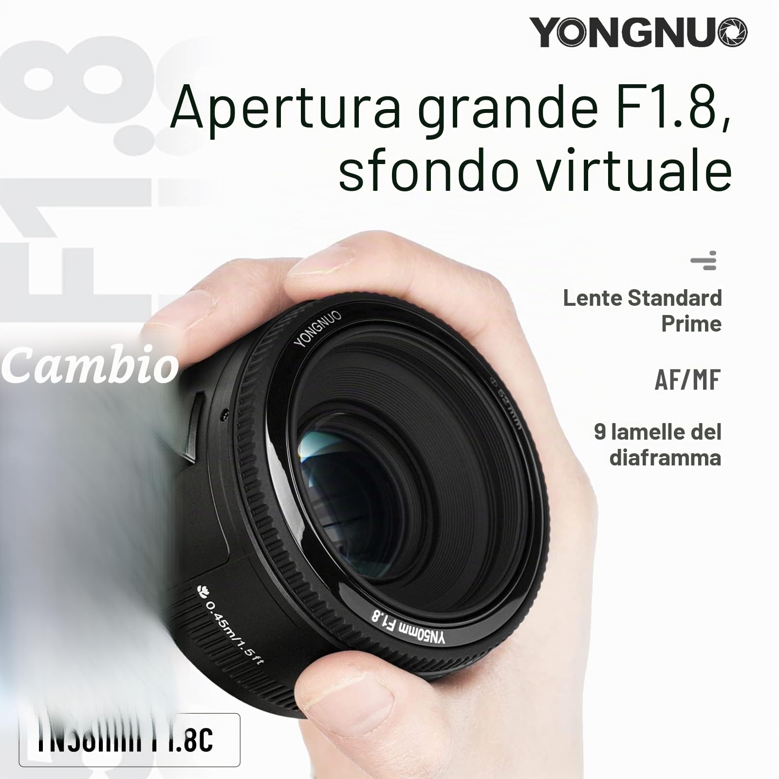 Yongnuo YN50MM Canon - Obiettivo f/1.8, 46°, ø 52 mm, colore: Nero