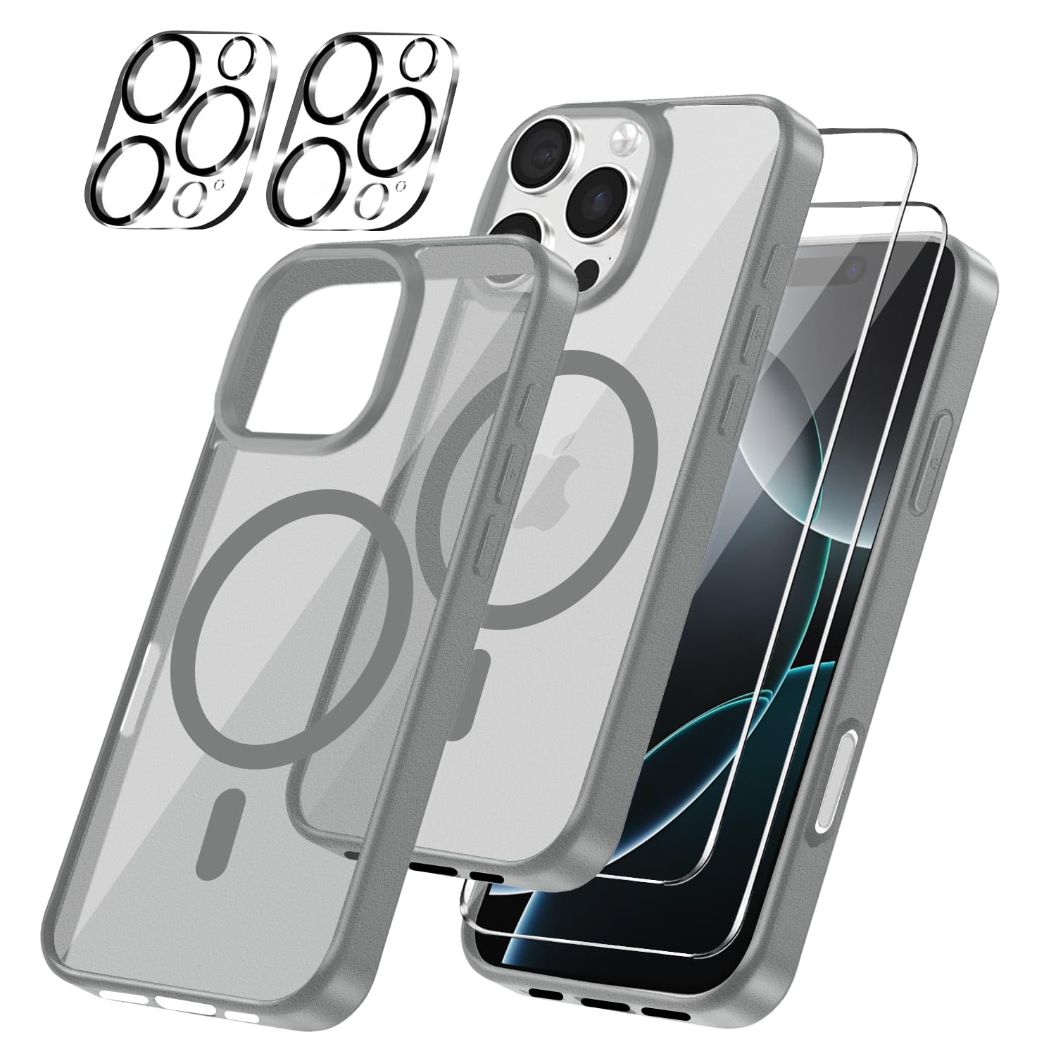 Magnetic Cover per iPhone 16 Pro Compatibile con 2 vetri temperati e 2 vetri per fotocamera, Translucent Matte Slim Back PC+TPU Bumper Shockproof - Grigio Titanio