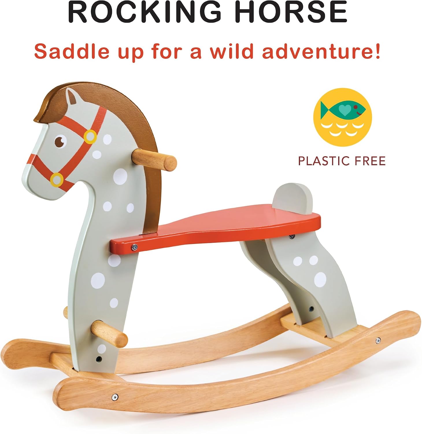 Mentari Toys - Rocking Horse - Dotted Grey Wooden Ride-On Toy with Certified Safe Anti-Tip Structure & Red Saddle, for Toddlers Kids Boys Girls Age 12 Months+ image 3