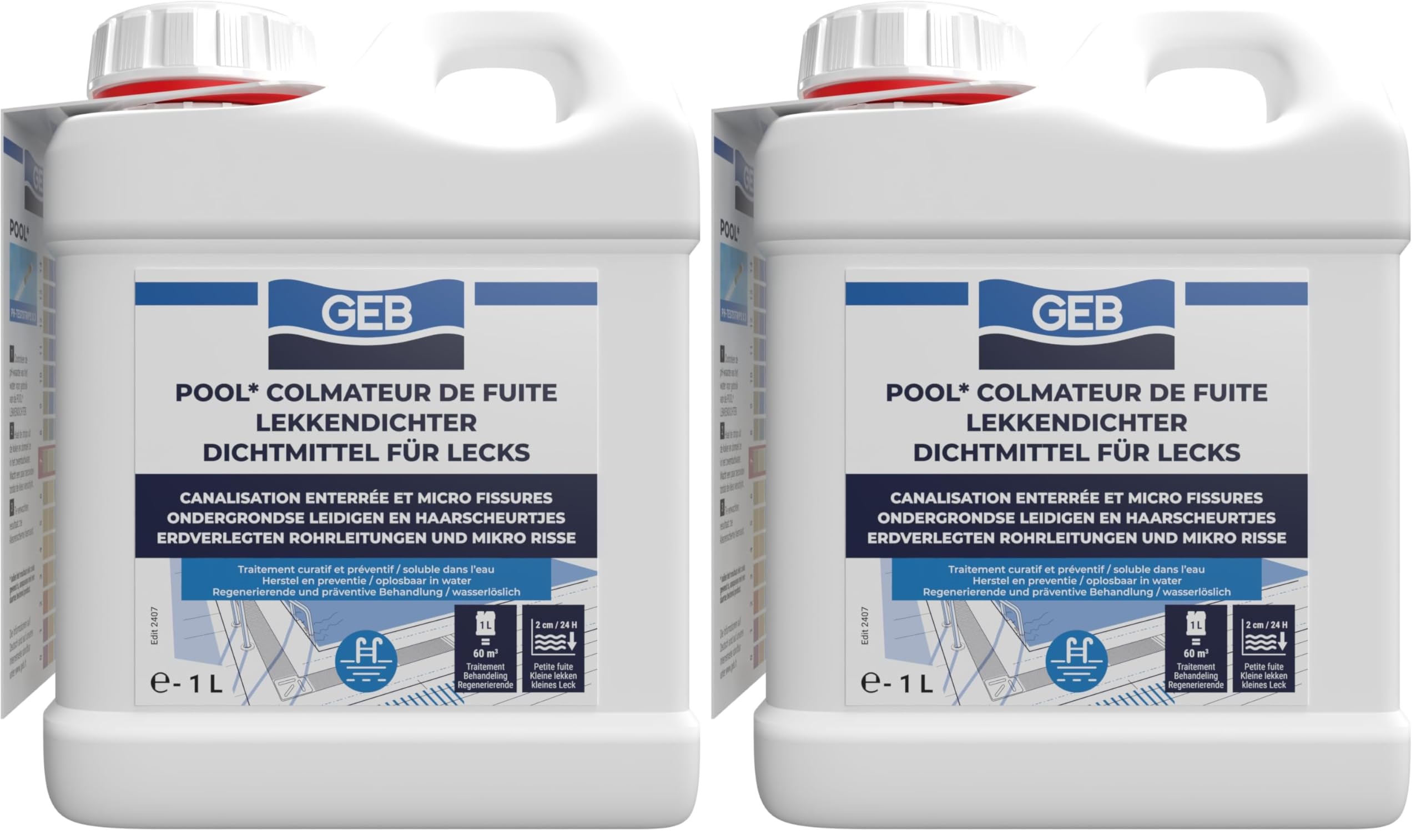 GEB Pool Colmateur de fuites. Liquide colmatant pour la réparation de fuites dans la piscine pour canalisations enterrées et bassin, 1 Litre (Lot de 2)
