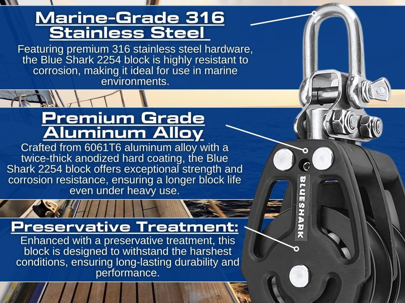 Blue Shark 2254-38 mm Fixed Double Aluminum Sailing Block - Max Line: 3/8” (10 mm), Safe Working Load (SWL): 1600 lbs, Breaking Load: 2850 lbs (2-Pack)