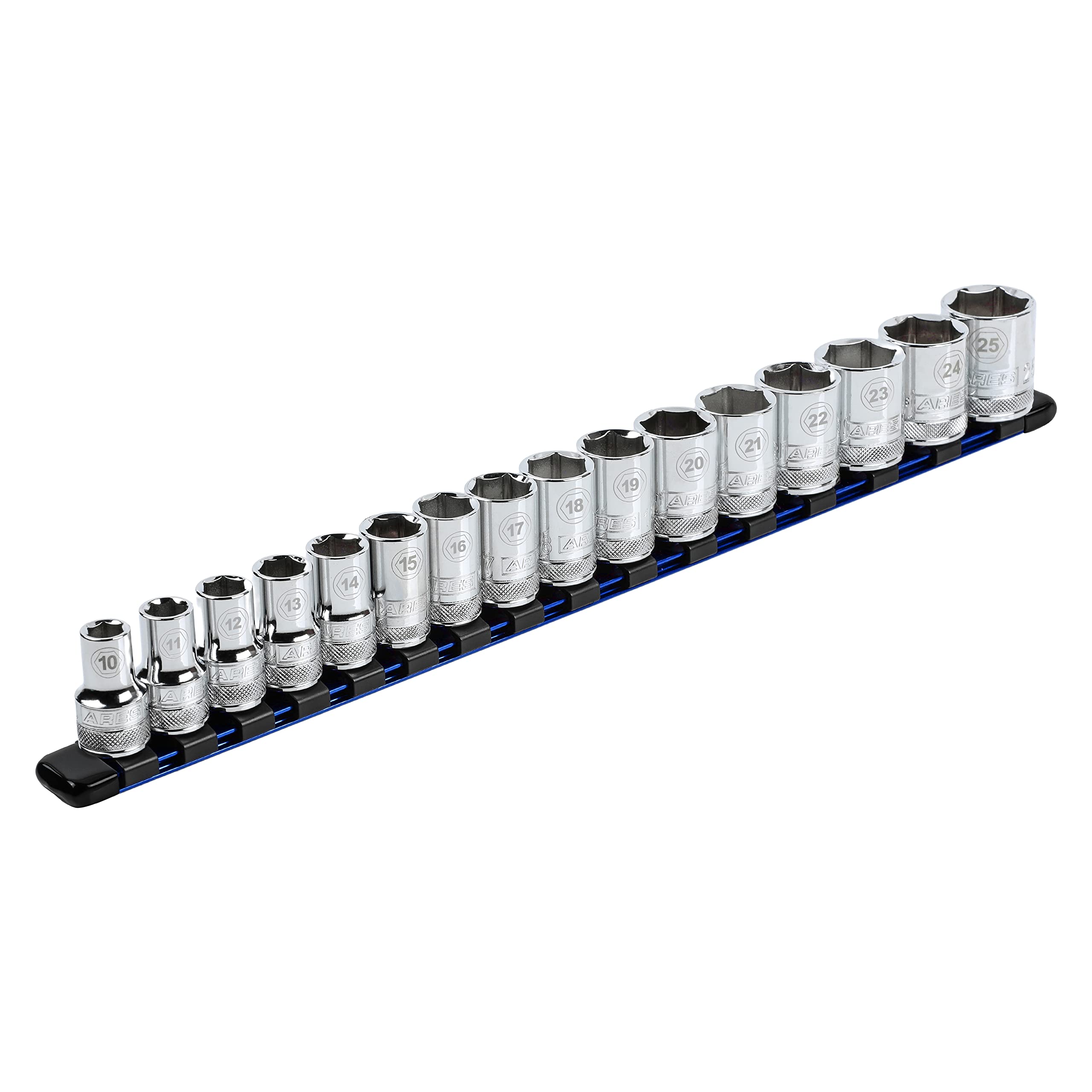 ARES 60044-1/2-Inch Drive Blue Aluminum Socket Organizer - Store up to 16 Sockets and Keep Your Tool Box Organized - Sockets Will Not Fall Off this Rail