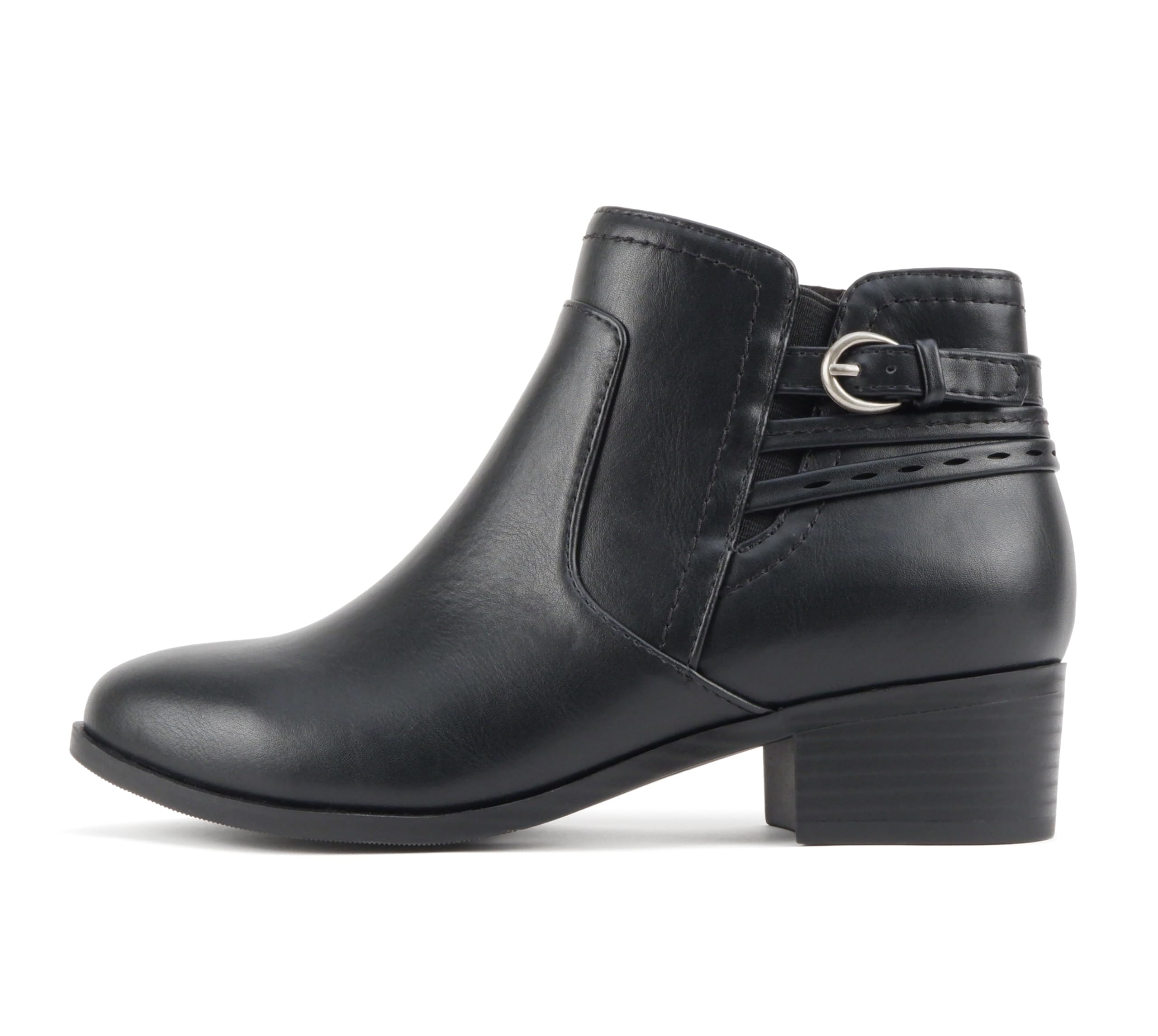Soda BOYET Women Round Toe Elastic Gore Multi Back Strap Low Stack Heel Ankle Bootie with Side Zipper