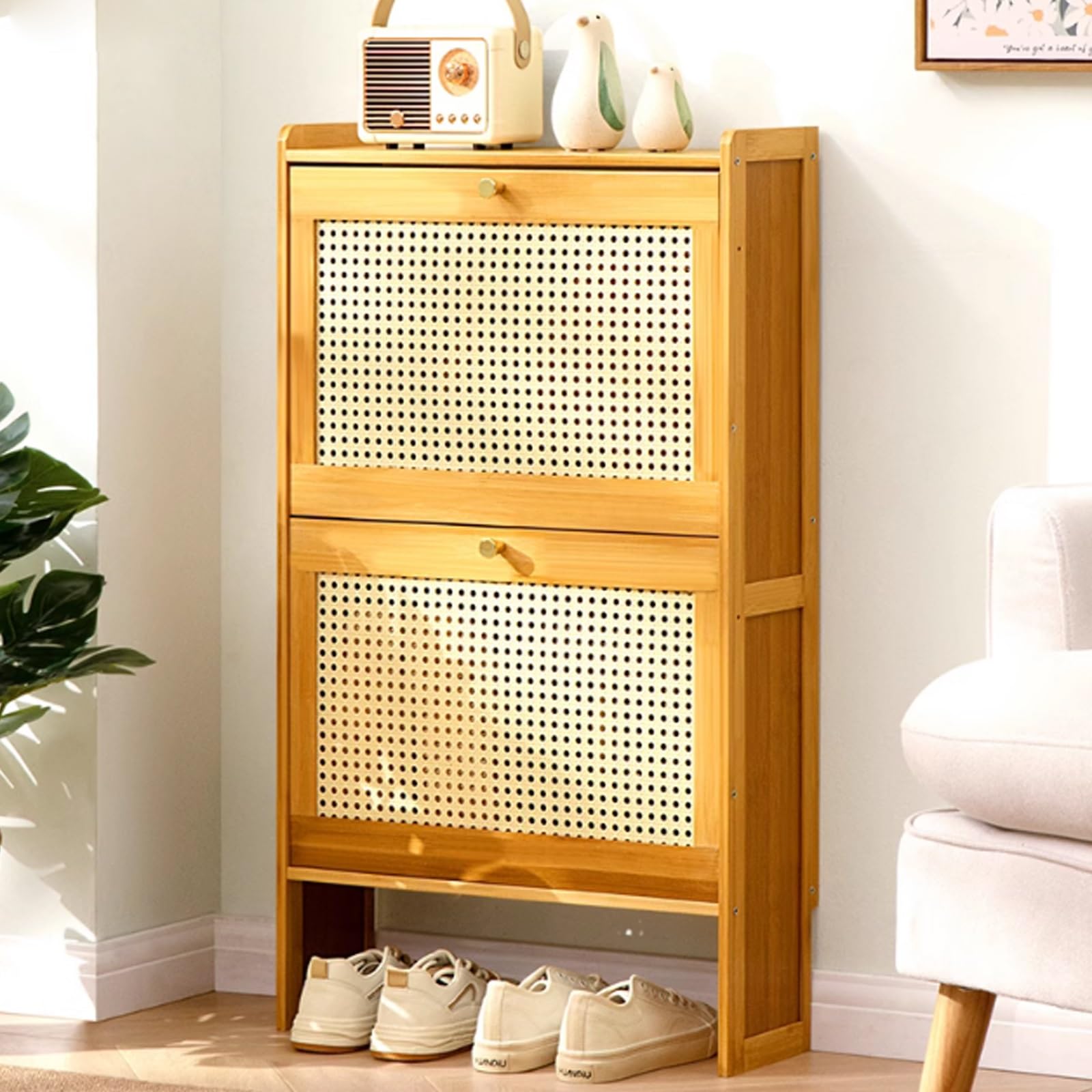 Meuble à chaussures étroit en bambou gain de place avec rangement 2 portes pour couloir
