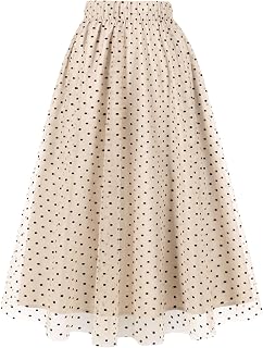 AXOE Damen Tüllrock Midi mit Blumenstickerei 3-Lagiger A-Linien Sommerrock Elegant Gummizug Romantischer Boho Mesh Rock für Hochzeit, Party & Festliche