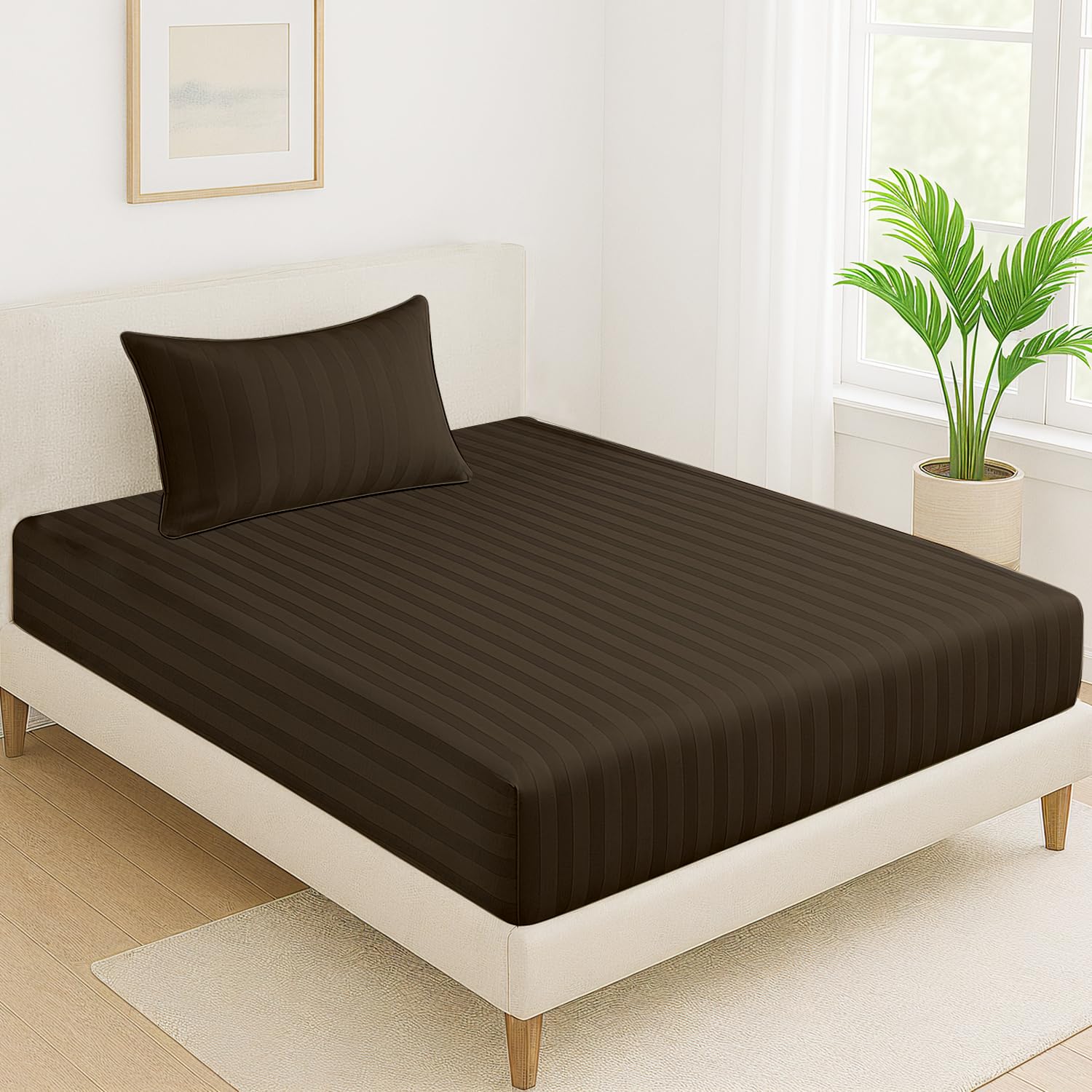 Cloth Fusion Elastic Fitted Glace Cotton Satin Striped Bedsheet Single Size with 1 Pillow Cover (78X36 Inches, Dark Brown)-image-3