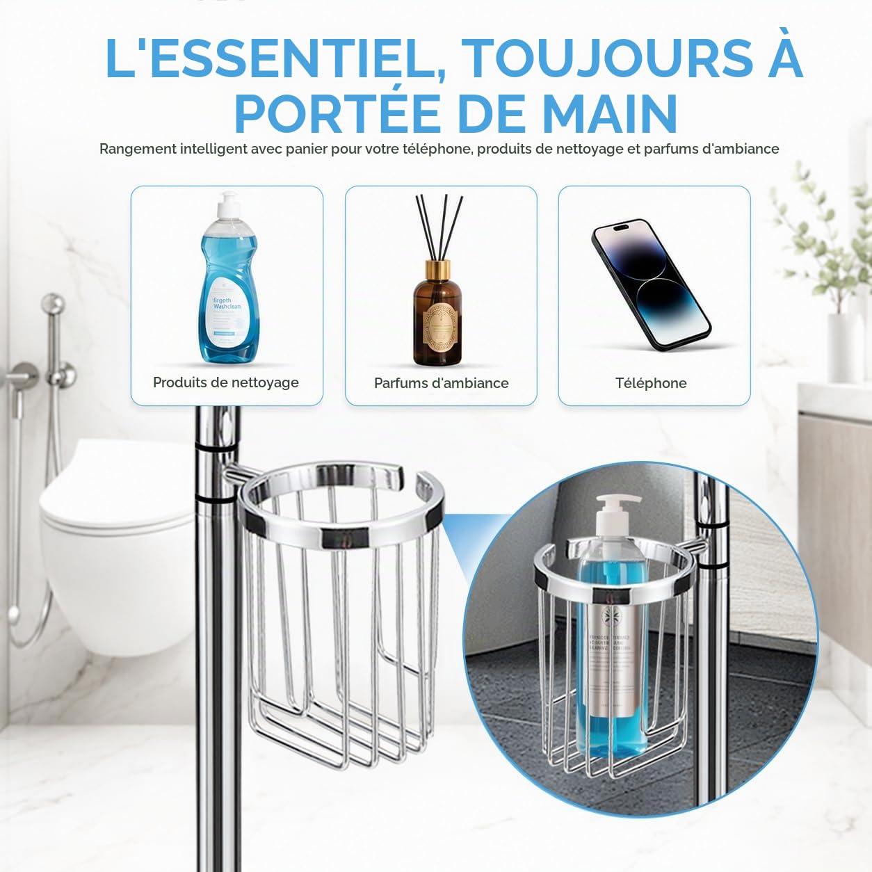 DAZI Brosse Toilettes WC métallique autoportante, Brosse WC avec 2 Balai Toilette WC pour Le Nettoyage en Profondeur de la Salle de Bain (Chrome)