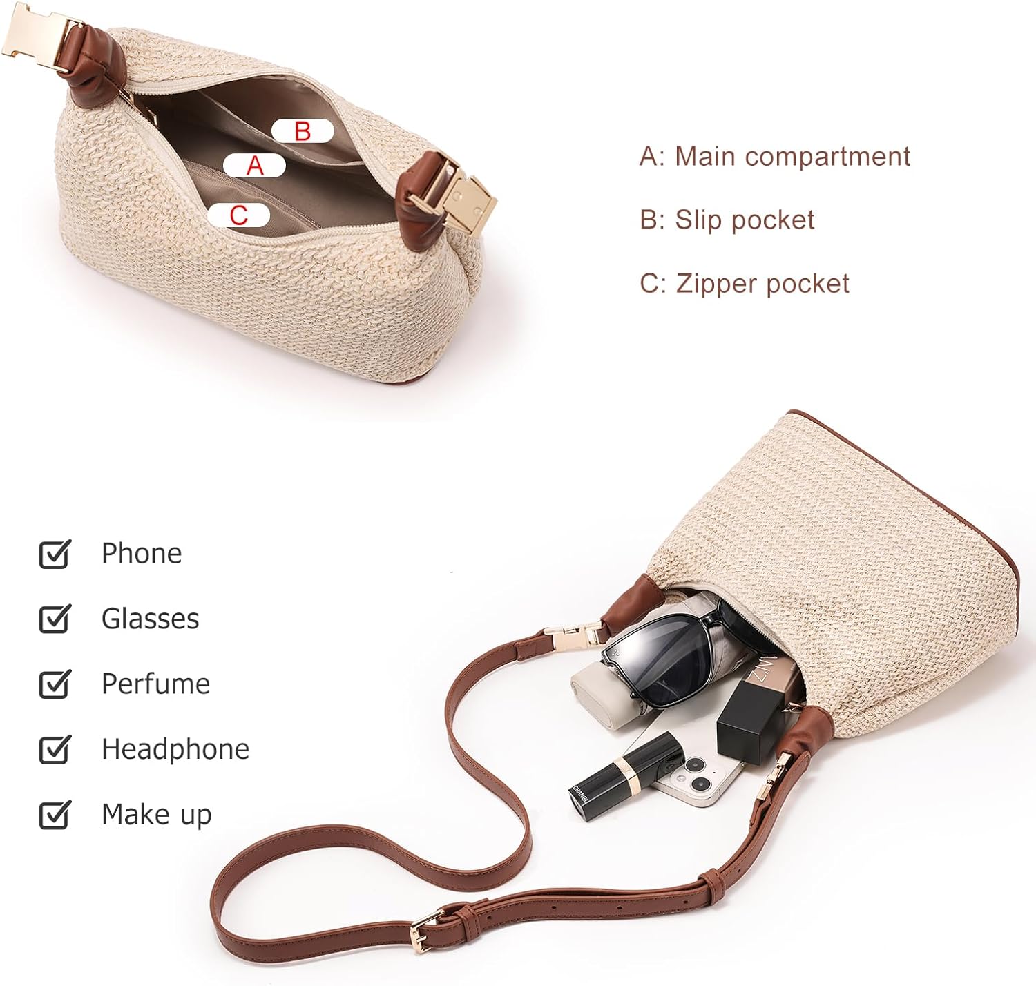 Straw Shoulder Crossbody Bag Small Tote Purse Top Handle Clutch for Summer Beach Travel