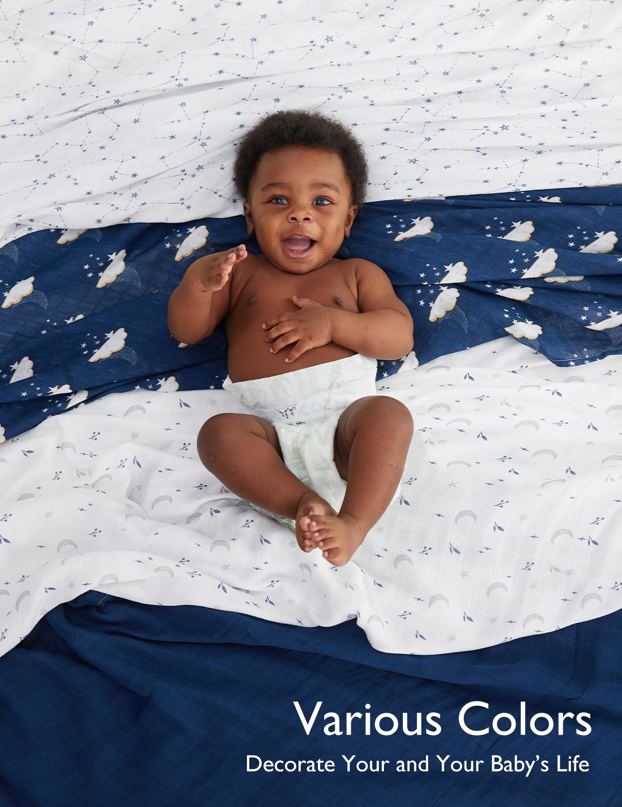momcozy muslin swaddle blankets, ultra soft neutral swaddle blanket, breathable large 47'' x 47'' baby infant newborn boys girls swaddling receiving blanket wraps, midnight star clouds