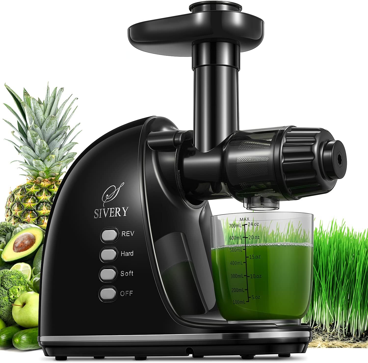 Juicer Machines, SIVERY Slow Masticating Juicer, Easy to Clean, BPA-Free, Quiet Motor, Reverse Function & Cold Press Juicer with Two Speed Modes, Brush, Juice Recipes for Vegetables and Fruits (Black)