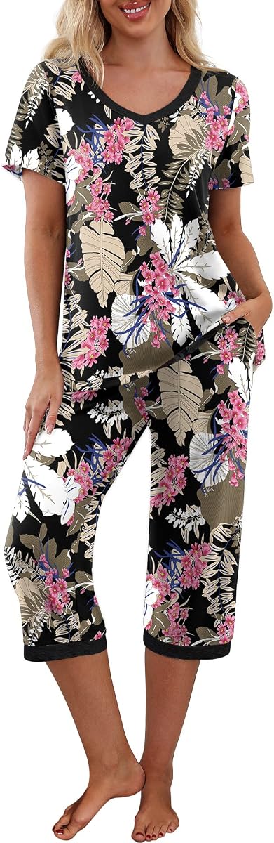 Sets de pijama PrinStory para mujer Capri Pjs Soft Lounge S-4XL | Camisa de manga corta y pantalones Capri con bolsillos, tejido transpirable y elástico, pijama de 2 piezas, ropa de dormir suave
