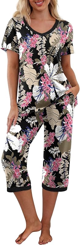 Sets de pijama PrinStory para mujer Capri Pjs Soft Lounge S-4XL | Camisa de manga corta y pantalones Capri con bolsillos, tejido transpirable y elástico, pijama de 2 piezas, ropa de dormir suave