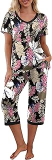 PrinStory Women's Pajama Set Short Sleeve Shirt and Capri Pants Sleepwear Pjs Sets with Pockets