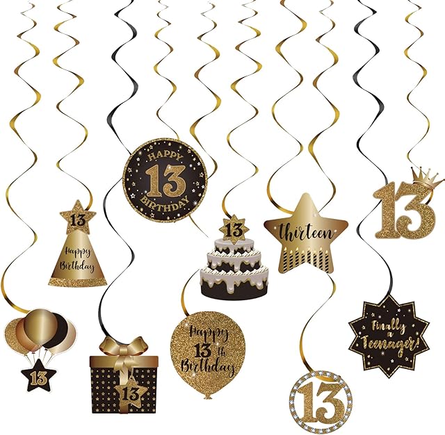 Happy 13th Birthday Party Hanging Swirls Streams Ceiling Decorations, Celebration 13 Foil Hanging Swirls with Cutouts for 13 Years Old Black and Gold Birthday Party Decorations Supplies