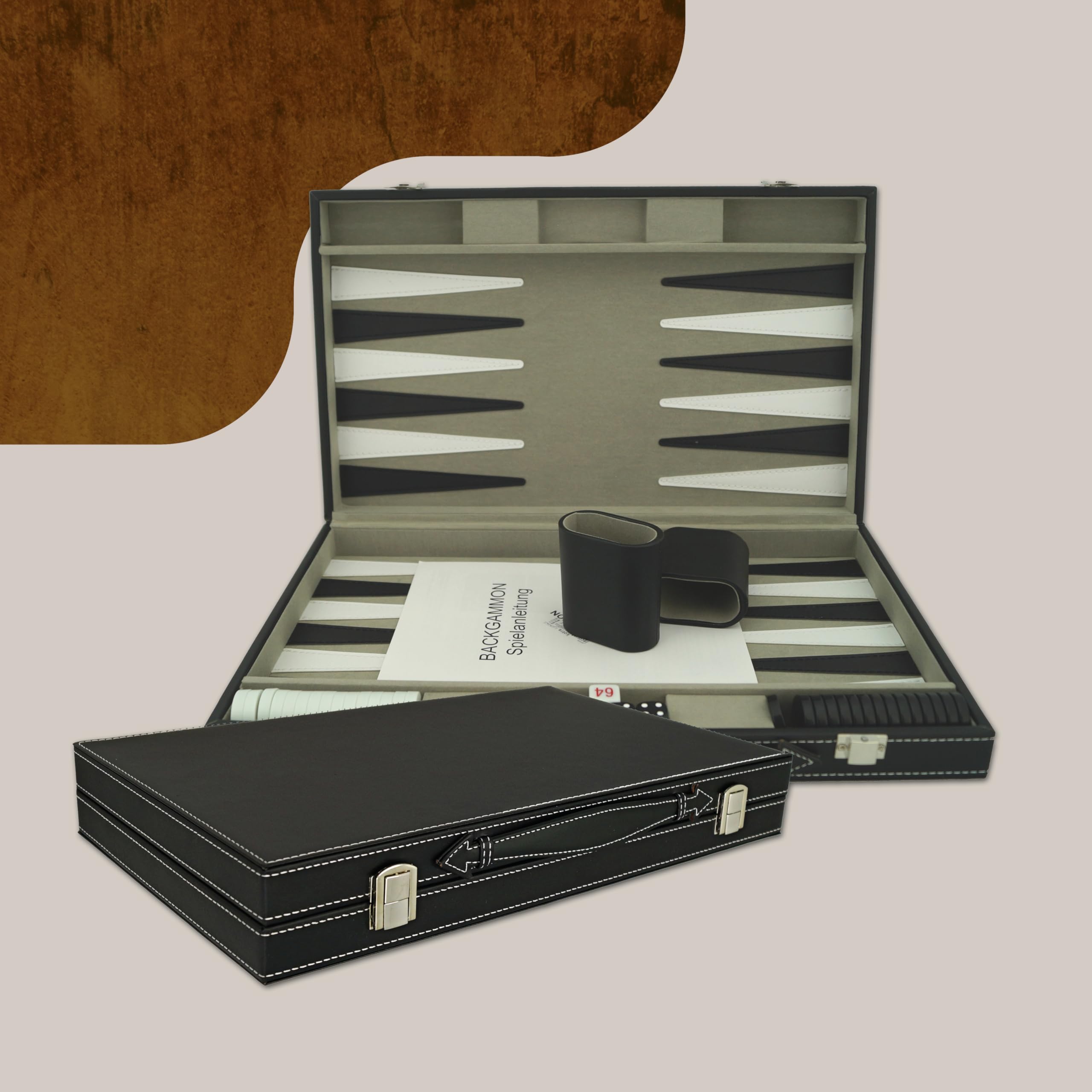 Attaché Koffer Backgammon Spiel - Edles Kunstleder Backgammon-Set mit feinem Filz Innenbezug - 48 x 38 cm groß - inkl. Würfelbechern