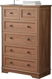 NONGSHIM Farmhouse Dresser for Bedroom with 6 Deep Drawers, Modern Dressers Tall 6 Chest of Drawers, Natural Oak Wood Storage Organizer Dresser, Nursery Dresser for Living Room, Bedroom, Hallway