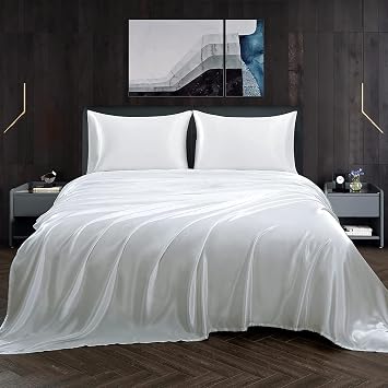100% Mulberry Silk Duvet Cover Set - 3-Piece Set - 19 Momme Grade 6A Mulberry Silk - Features Zipper Closure and Corner Ties, Twin/Twin XL 68"x 90"- Denim White