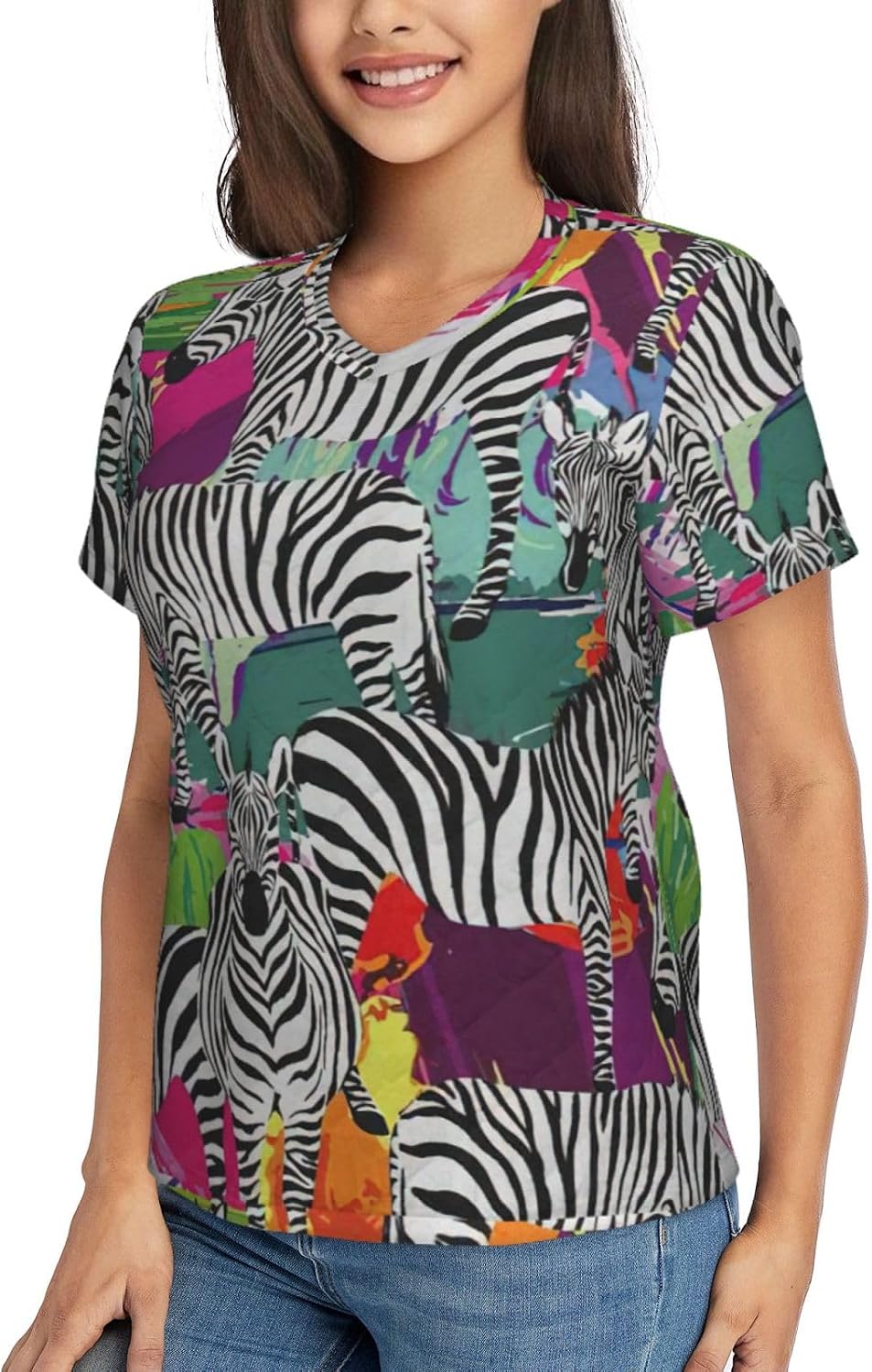 Women Casual Zebra Print V-Neck T-Shirt Short Sleeve Summer Trendy Tops.