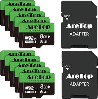 AreTop 8GB Micro SD Card 10 Pack with Adapters, MicroSDHC Memory Card,High Speed Class 10 Full HD Video Card TF Memory Cards(80MB/s-90MB/s, UHS-I U1 A1,8GB 10 Pack)