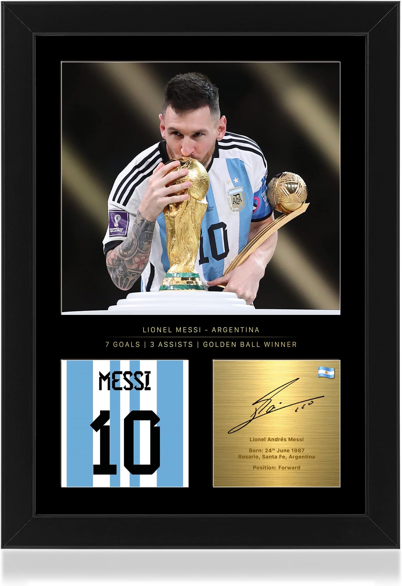 Win FC Lionel Messi Celebratory World Cup 2022 A4 Framed Photo Display - Reproduced Digital Signature - Gift For Football Fans