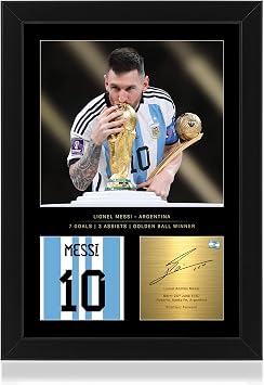 Win FC Lionel Messi Celebratory World Cup 2022 A4 Framed Photo Display - Reproduced Digital Signature - Gift For Football Fans