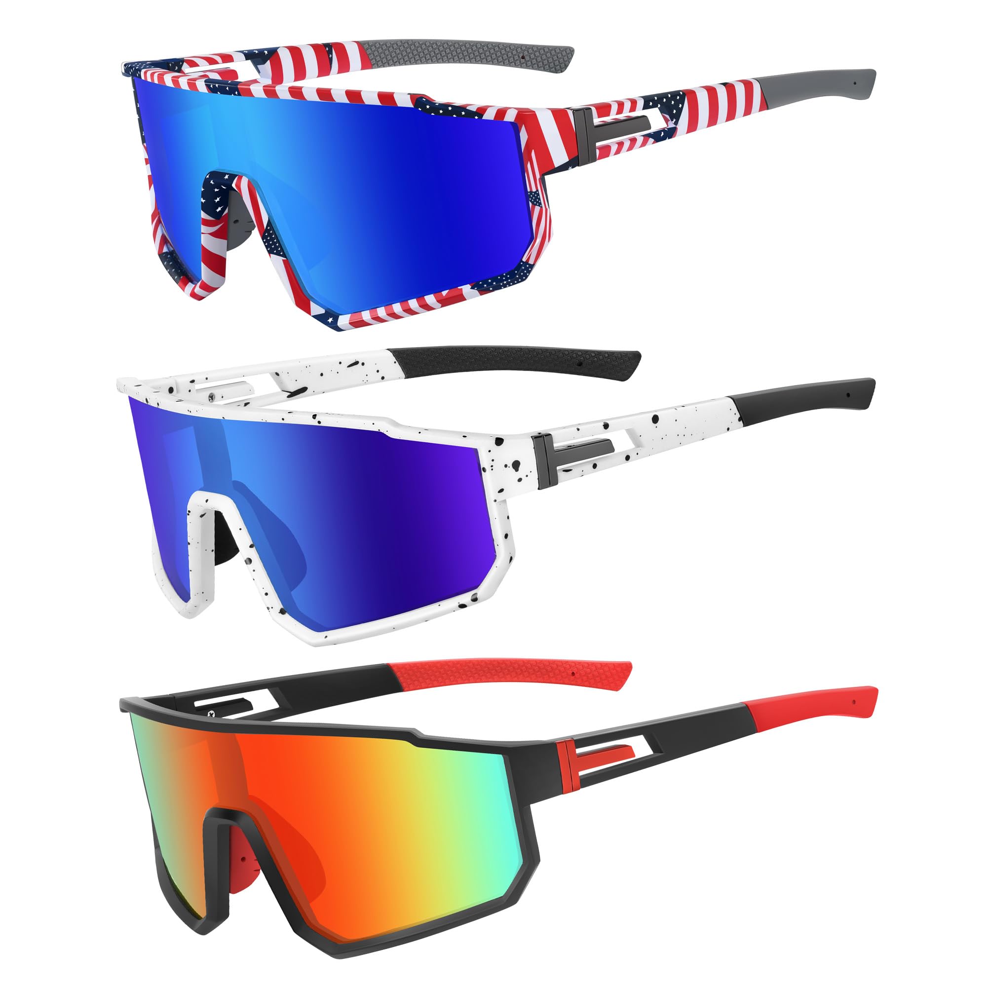 MVPTGRS Youth Baseball Sunglasses for Boys Girls Age 8-14 TR90 Frame Kids Sport Sunglasses for Softball Cycling Baseball Golf, Imitation Red&flag Blue&light Blue, Age 8-14