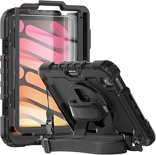 Herize iPad Mini 6 Case with Screen Protector | Shockproof iPad Mini 6th Generation Case 8.3 Inch Model A2567/A2568/A2569 W/Shoulder Strap Pencil Holder | Support 2nd Gen Pencil Wireless Charging