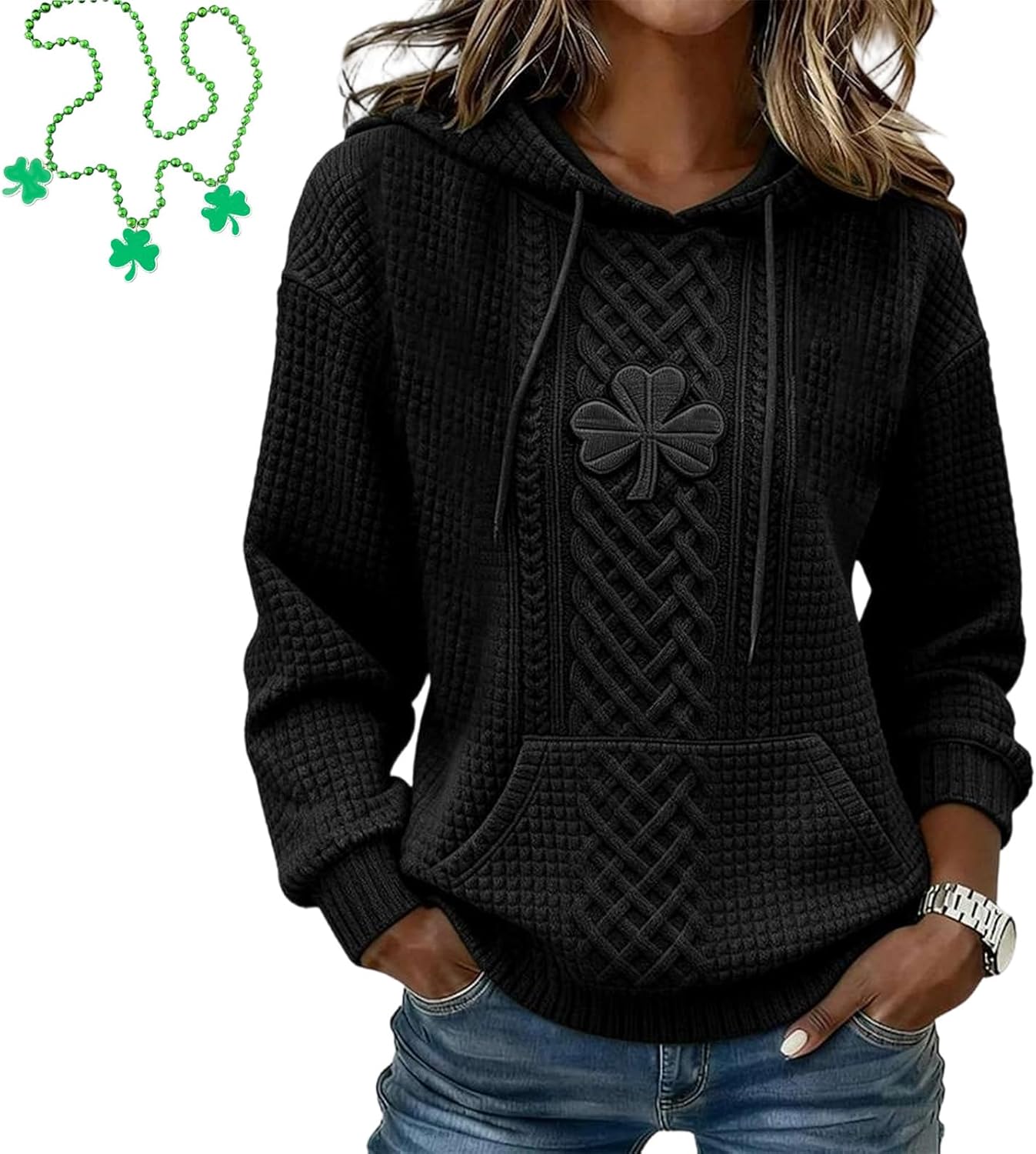 Women's St. Patrick's Day Shamrock Art Print Hoodie, Festive Clover & Celtic Knot Graphic Sweatshirt Day Outfit