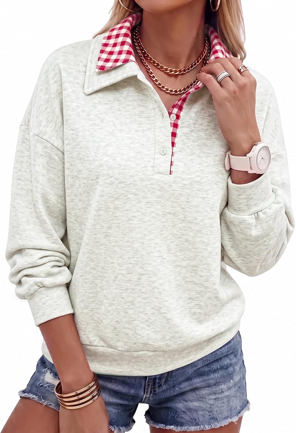 Dokotoo Women's 2026 Fall Collar Neck Plaid Pullover Sweatshirt Loose Tops