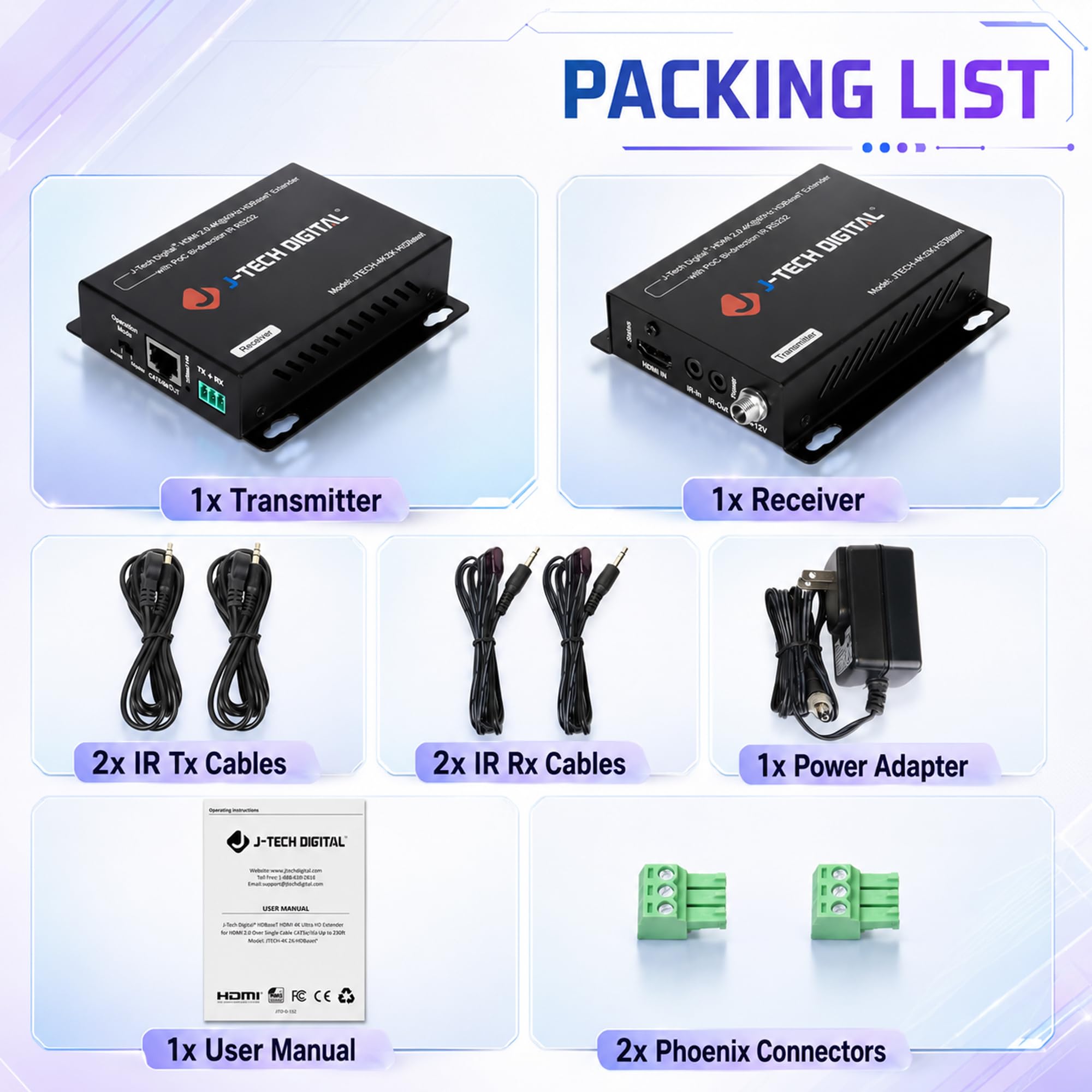 J-Tech Digital 4K HDBaseT HDMI Extender Over Cat5e/6 Ethernet up to 230ft (1080P) 130ft (4K), Supports HDCP 2.2/1.4, RS232, Bi-Directional IR and PoC — Amazon image 4