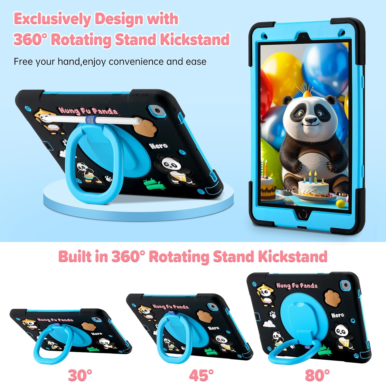 Case for iPad 9th/8th/7th Generation,Cute 3D Cool Panda Warrior Design Cover with Screen Protector, Rugged Protective Cartoon Case with Stand/Strap/Pen Slot for iPad 10.2 Kids Teens (Black+Blue)