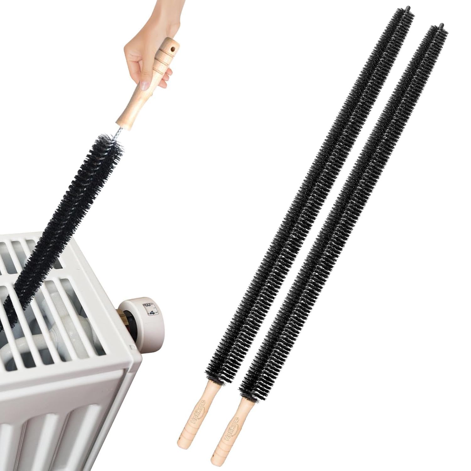 qisheng Radiator Brush 75cm, Flexible Scratch-Free Radiator Cleaner Brush for Saving Heating Cost, Long Thin Cleaning Duster with Wooden Handle, Fits Radiator, Heater, Dryer Lint & Washing Machine