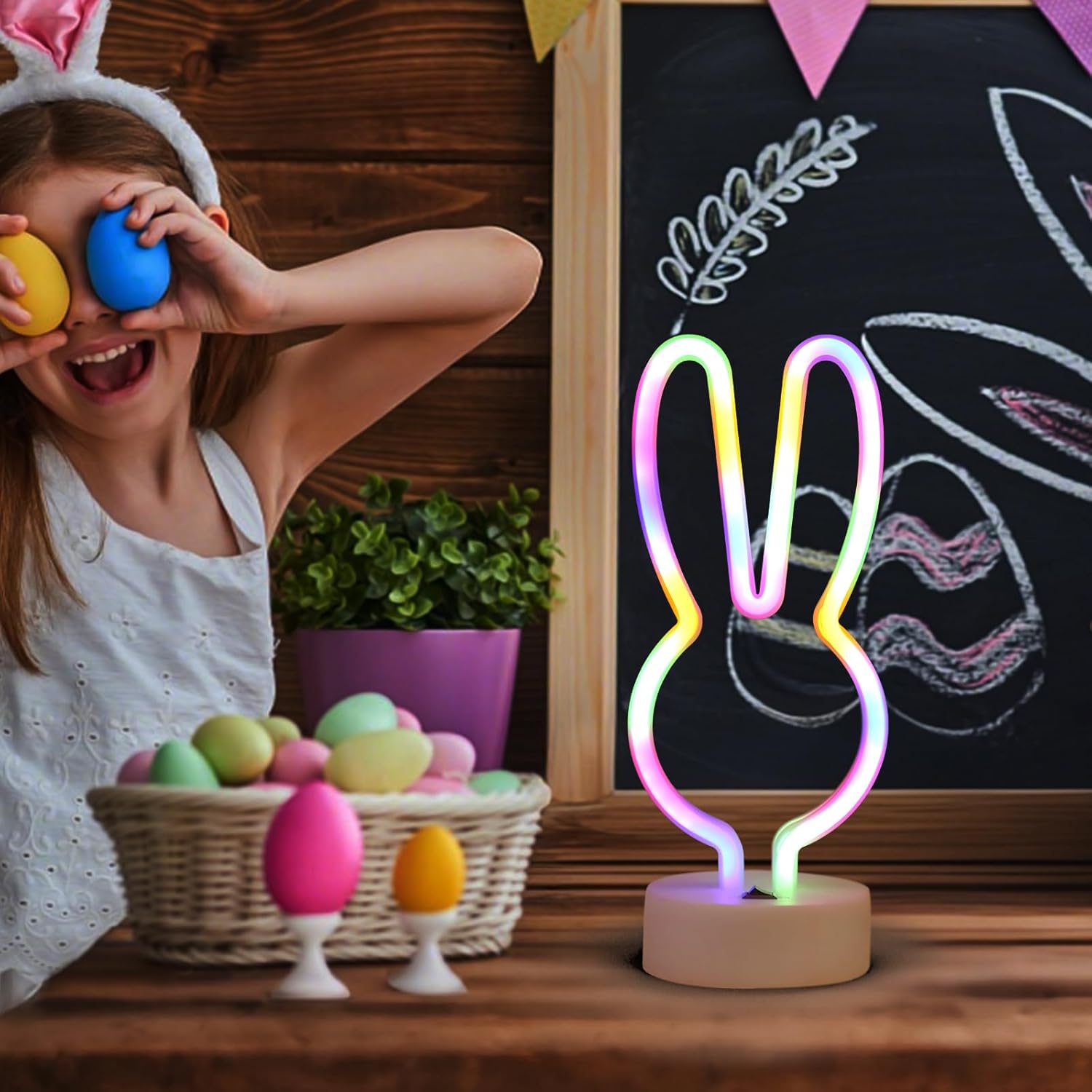 Bunny Shape LED Neon Signs, Colorful Rainbow Rabbit Neon Lights USB/Battery Powered Night Lights with Base, Cute Rabbit Head Neon Lamp for Easter Table Art Decoration (Colorful)