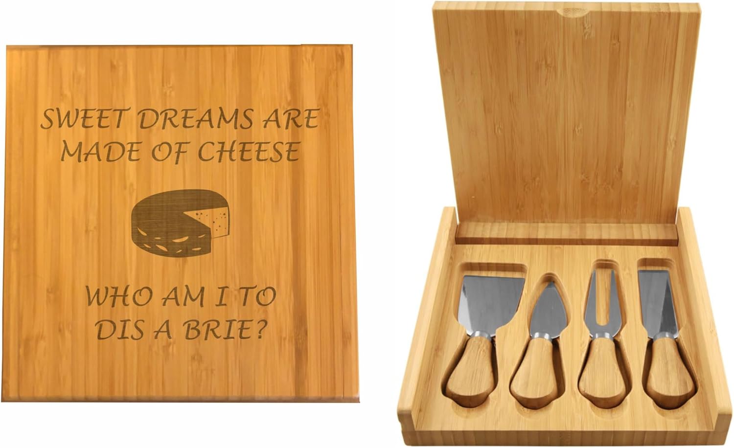 Funny Gifts Sweet Dreams Are Made of Cheese Engraved Bamboo Cheese Set with Tools
