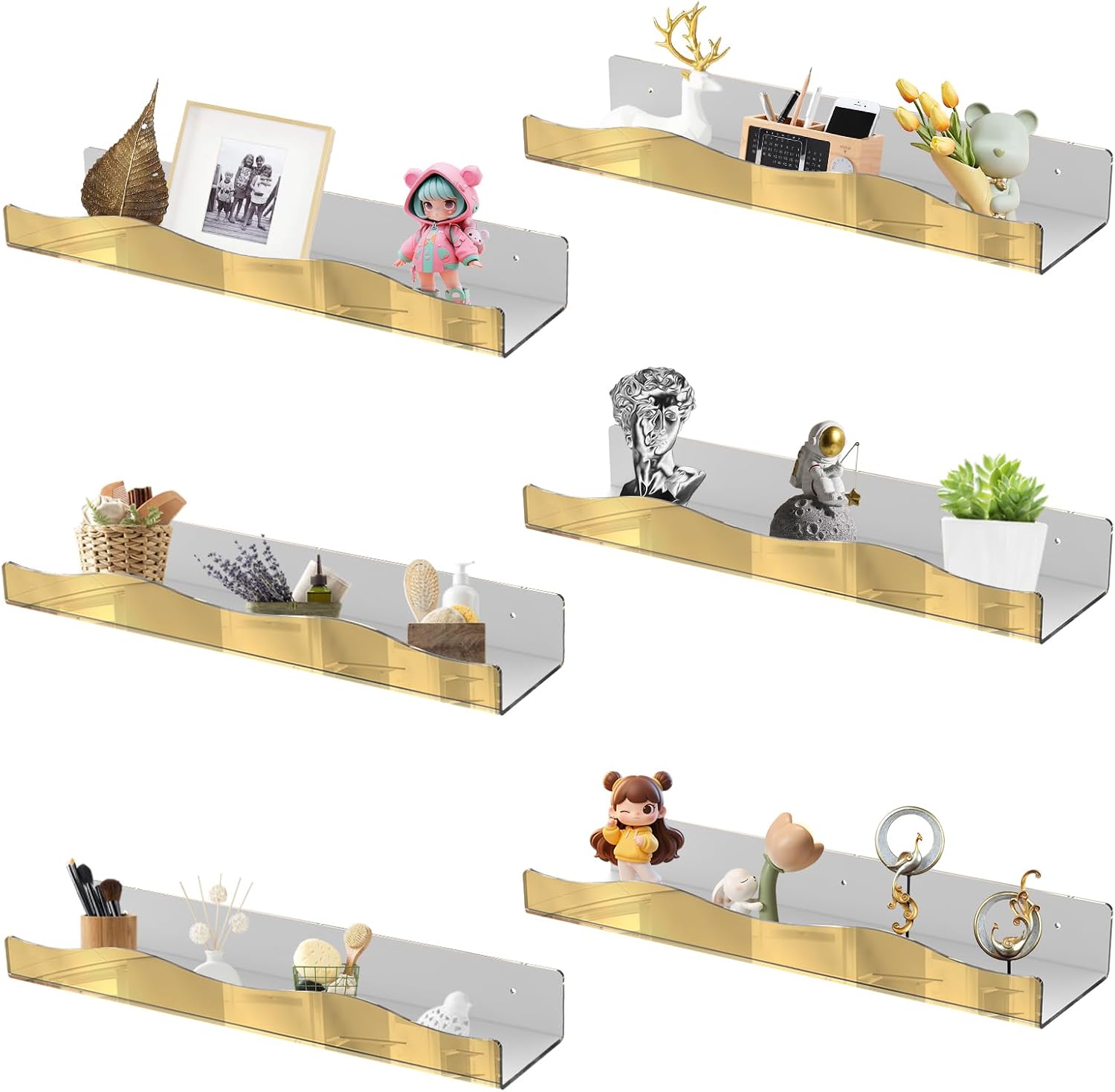 Acrylic Wall Shelf Organizers 15 Inch Floating Shelf for Wall Decor Bookshelf for Kids Modern Mirror Gold Wall Mount Shelf for Living Room, Bedroom, Bathroom (6, Gold Mirror)