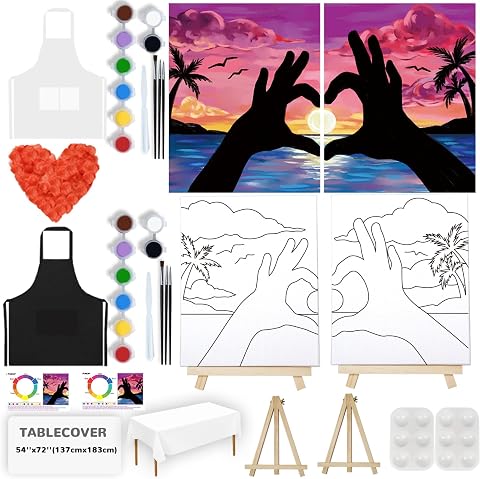 2 Pack Sip & Paint Kit for Adults Couples - 8x10 Pre-Drawn Canvas with Easels, P