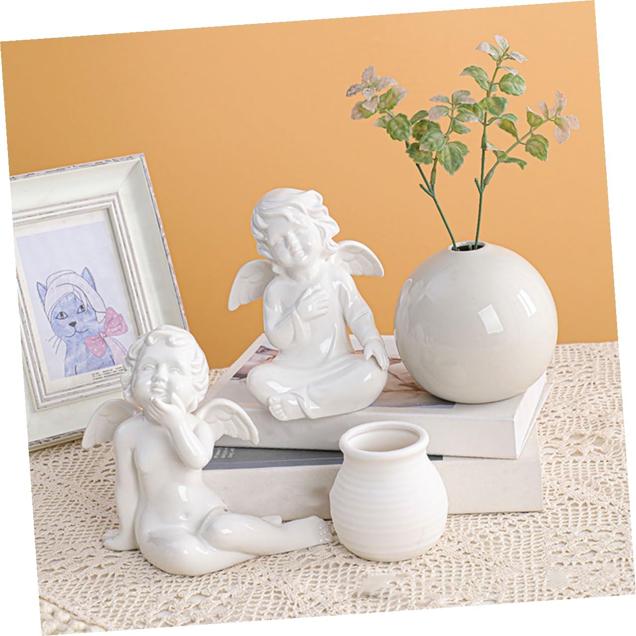 INOOMP Keramik Engel Figur 2 Stück Tischdeko Skulptur Stabile Wohnaccessoires für Hochzeitsfeier und Geschenk