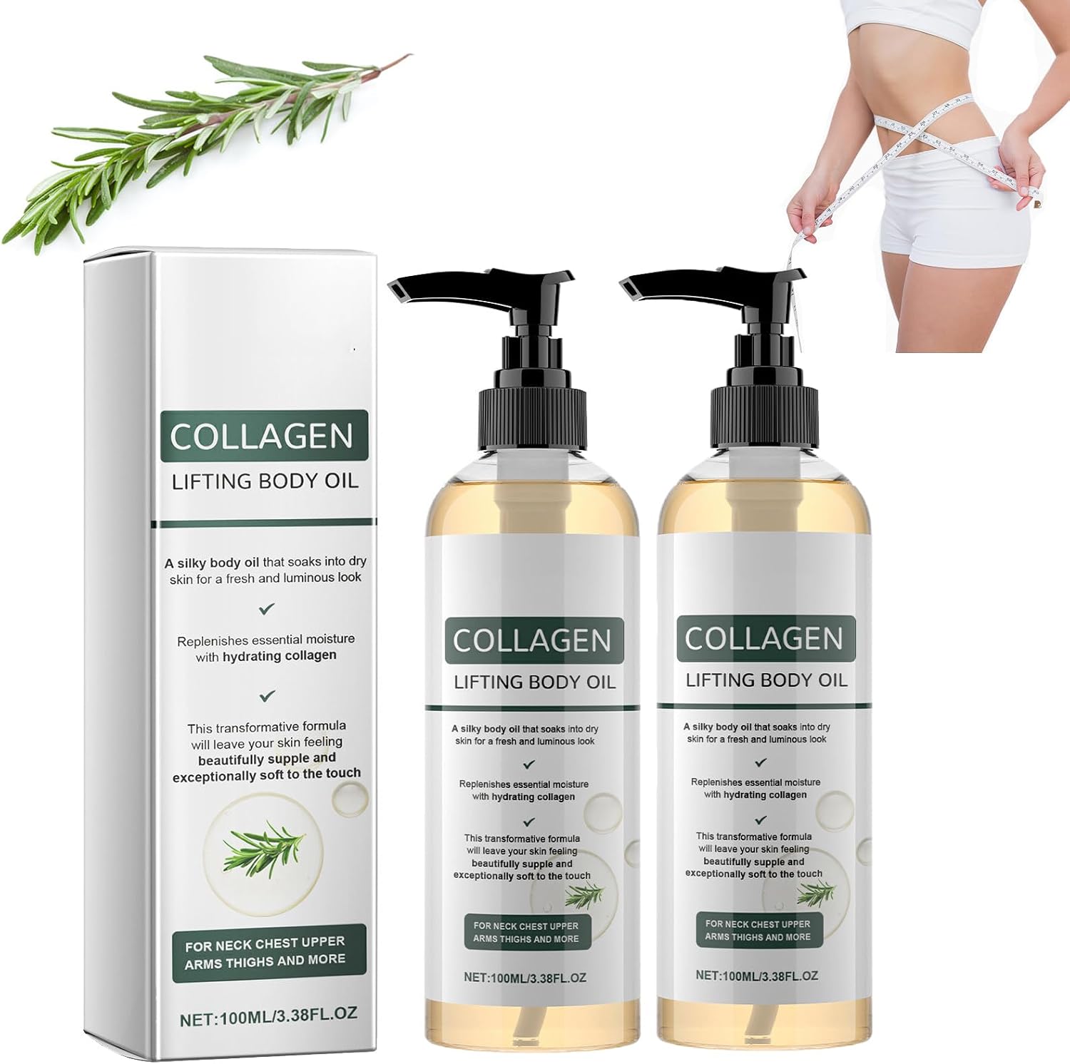 Kolagen Lifting Body Oil – olejek do ciała, ujędrniający z ekstraktem z liści rozmarynu, nawilża i pielęgnuje skórę dla elastyczności skóry | olejek do masażu przeciwko cienkim liniom ud i ramion, 100