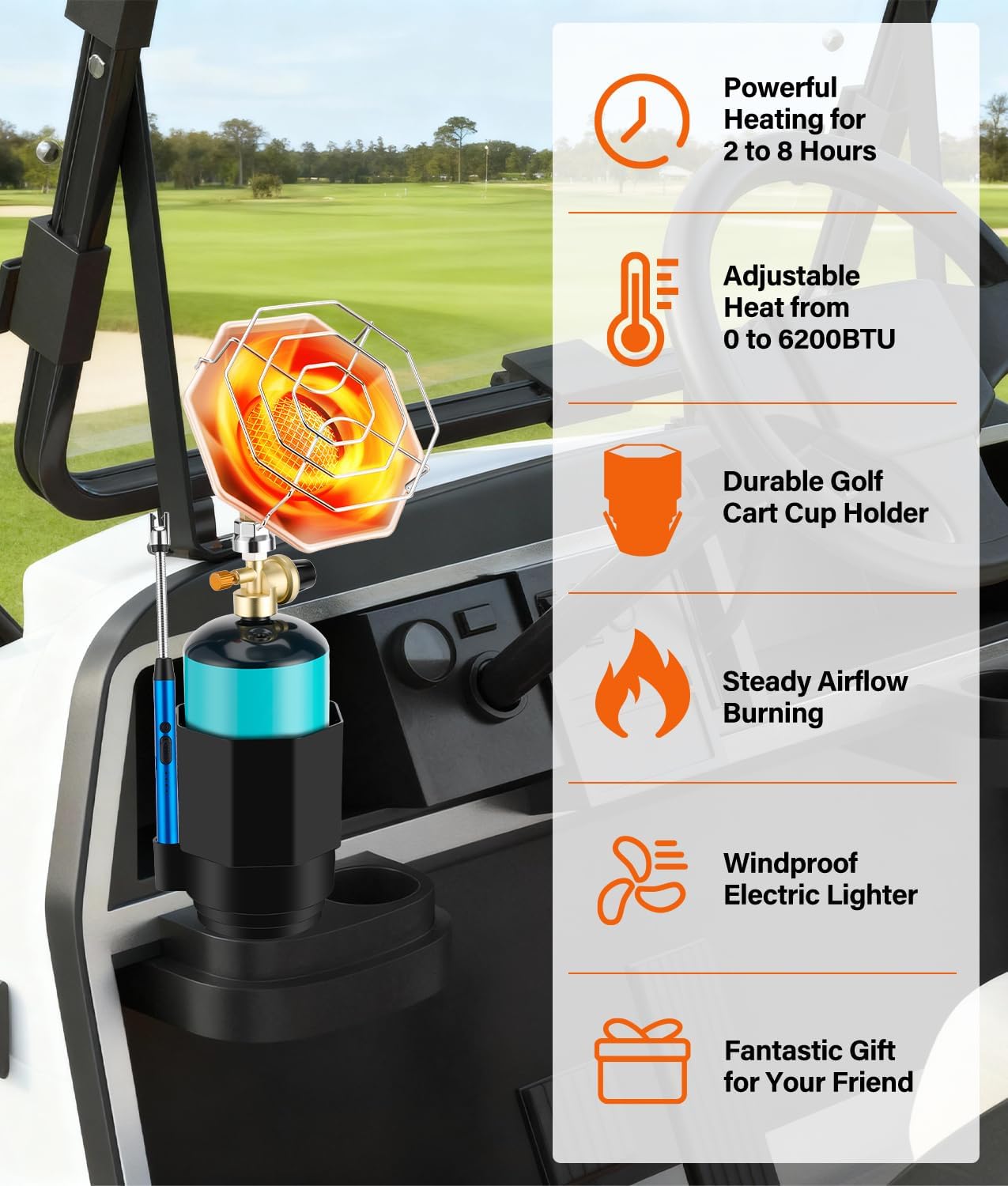 Golf Cart Heater with Cup Holder & Gas Regulator, Portable Propane Heater 6200BTU with Windproof USB Igniter, Outdoor Camping Heaters for Most Golf Carts, EZGO, Yamaha & Club Car(Tank Not Included)