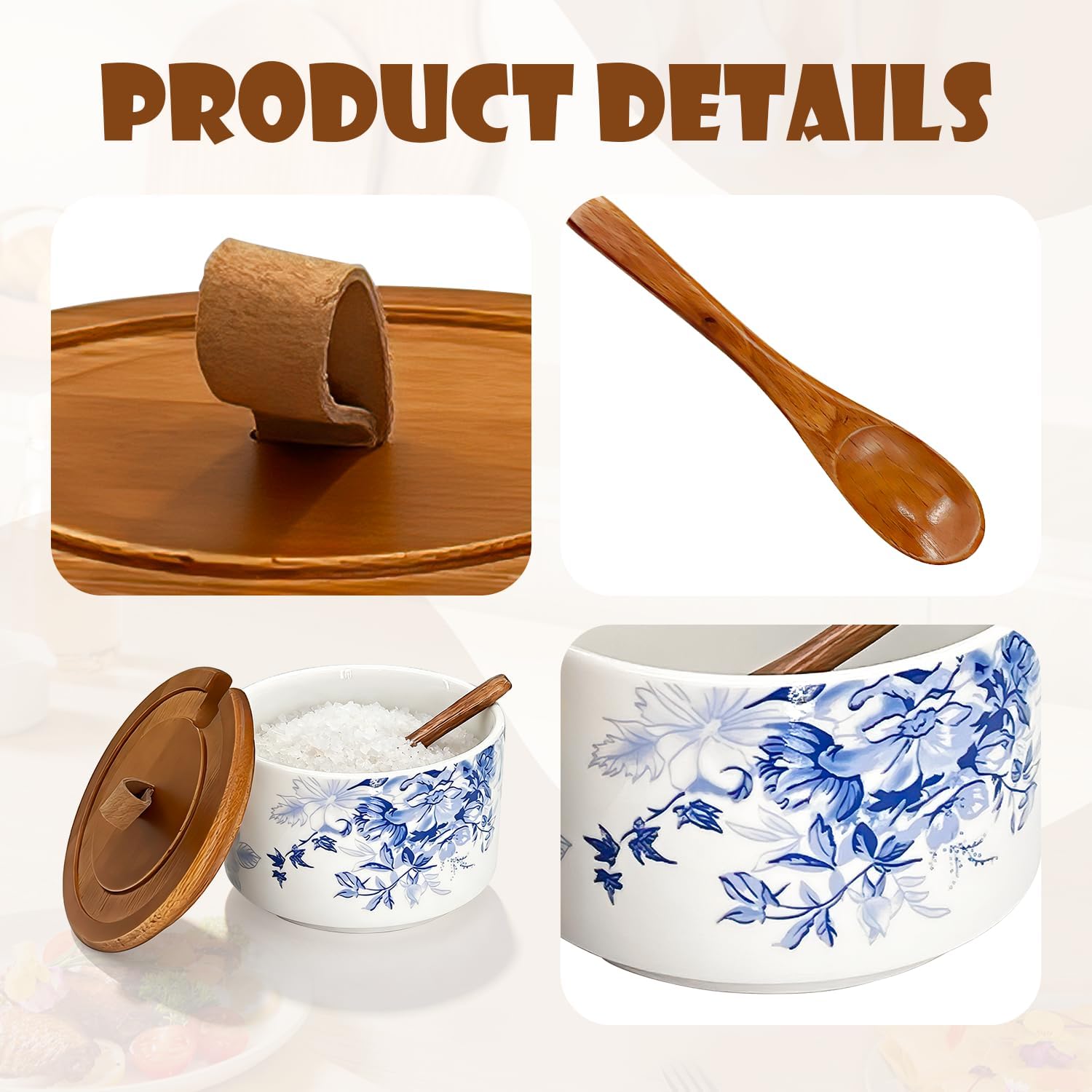 Classical Blue and White Porcelain Salt Container with Lid and Spoon, 7.5 oz Salt Cellar for Kitchen Countertop, Seasoning Holder for Pepper and Spices