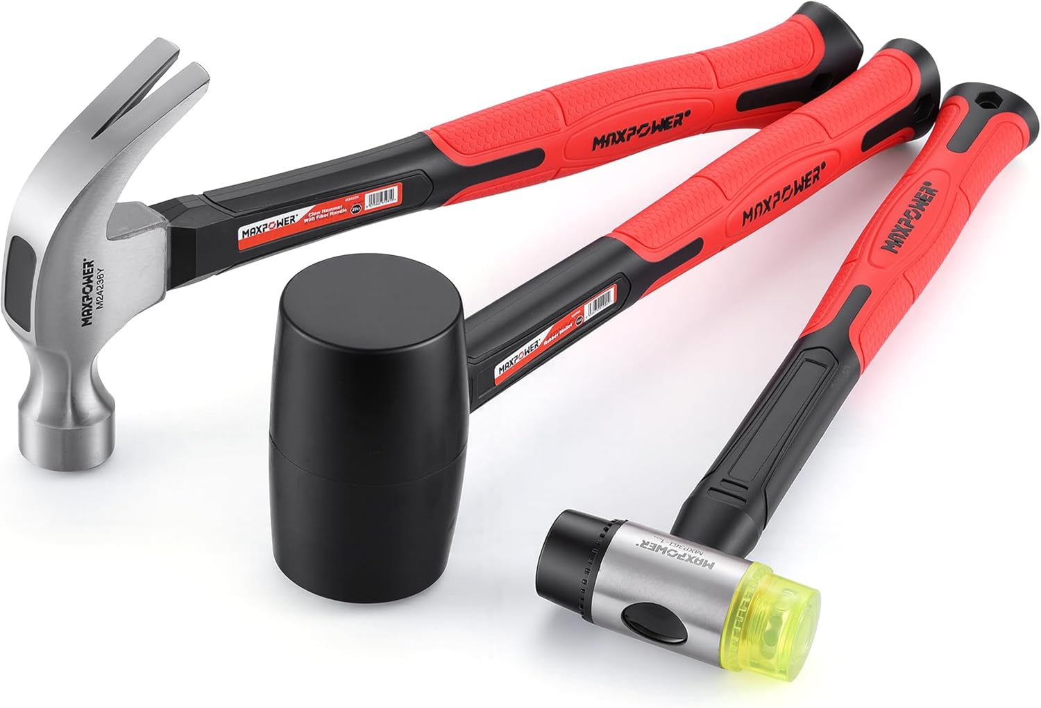 MAXPOWER 3-Piece Hammer Set – 16 oz Rubber Hammer, 35 mm Double-Face Soft Mallet, 20 oz Claw Hammer, Versatile Striking Tools for Woodworking, Carpentry & DIY