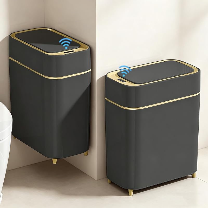 Paquete de 2 botes de basura para baño con tapa, bote de basura delgado con sensor de movimiento, pequeño bote de basura automático sin contacto, contenedor de basura impermeable para dormitorio, oficina, sala de estar, 2.3 gal, negro con borde dorado
