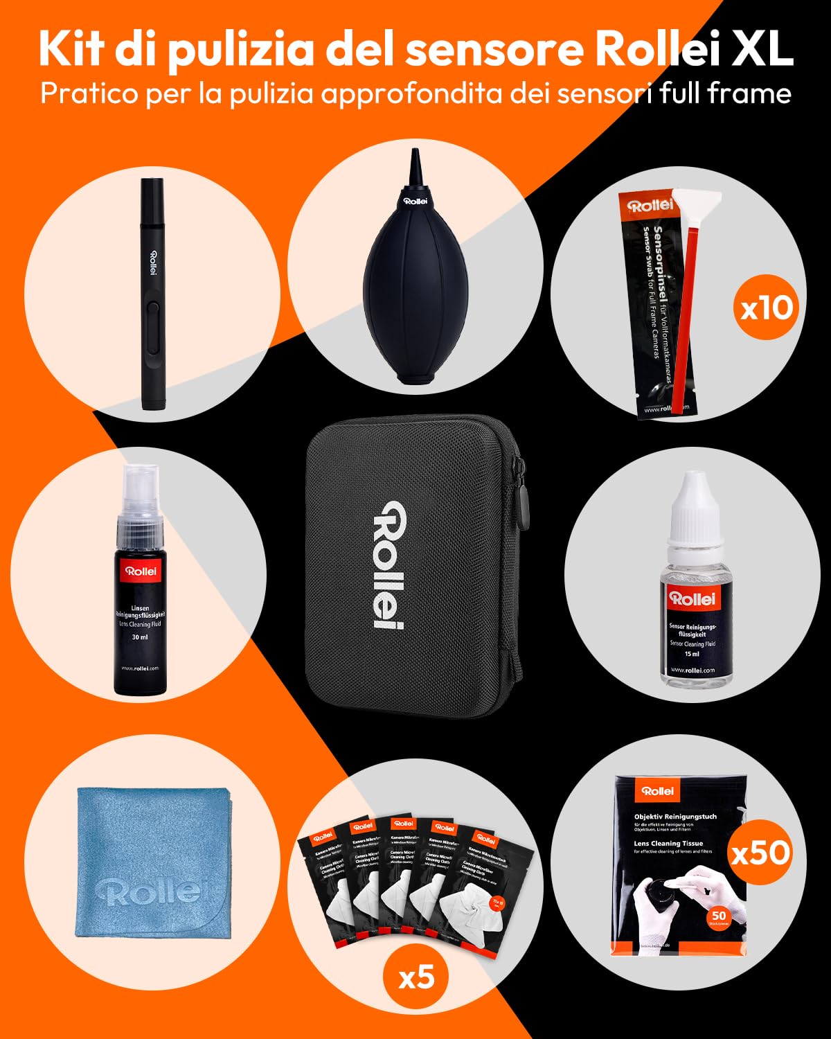 Kit Pulizia Sensore Full Frame, Rollei 8 in 1 Set di Pulizia Macchina Fotografica XL con Lenspen Soffietto Salviette Detergenti Liquido Detergente Bastoncini di Pulizia Sensore(24 mm) per Obiettivo